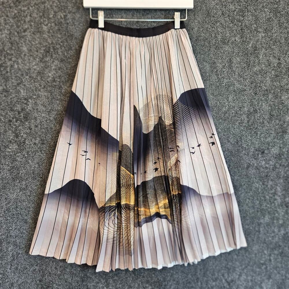 Glenfield Pleated Midi Skirt Mountain Landscape Print Elastic Waist Women OS